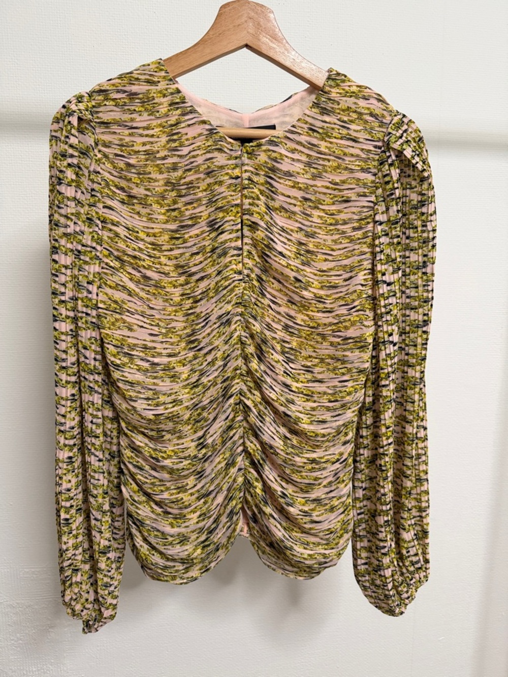 White House Black Market Pink and Olive Ruched Long-Sleeve Blouse